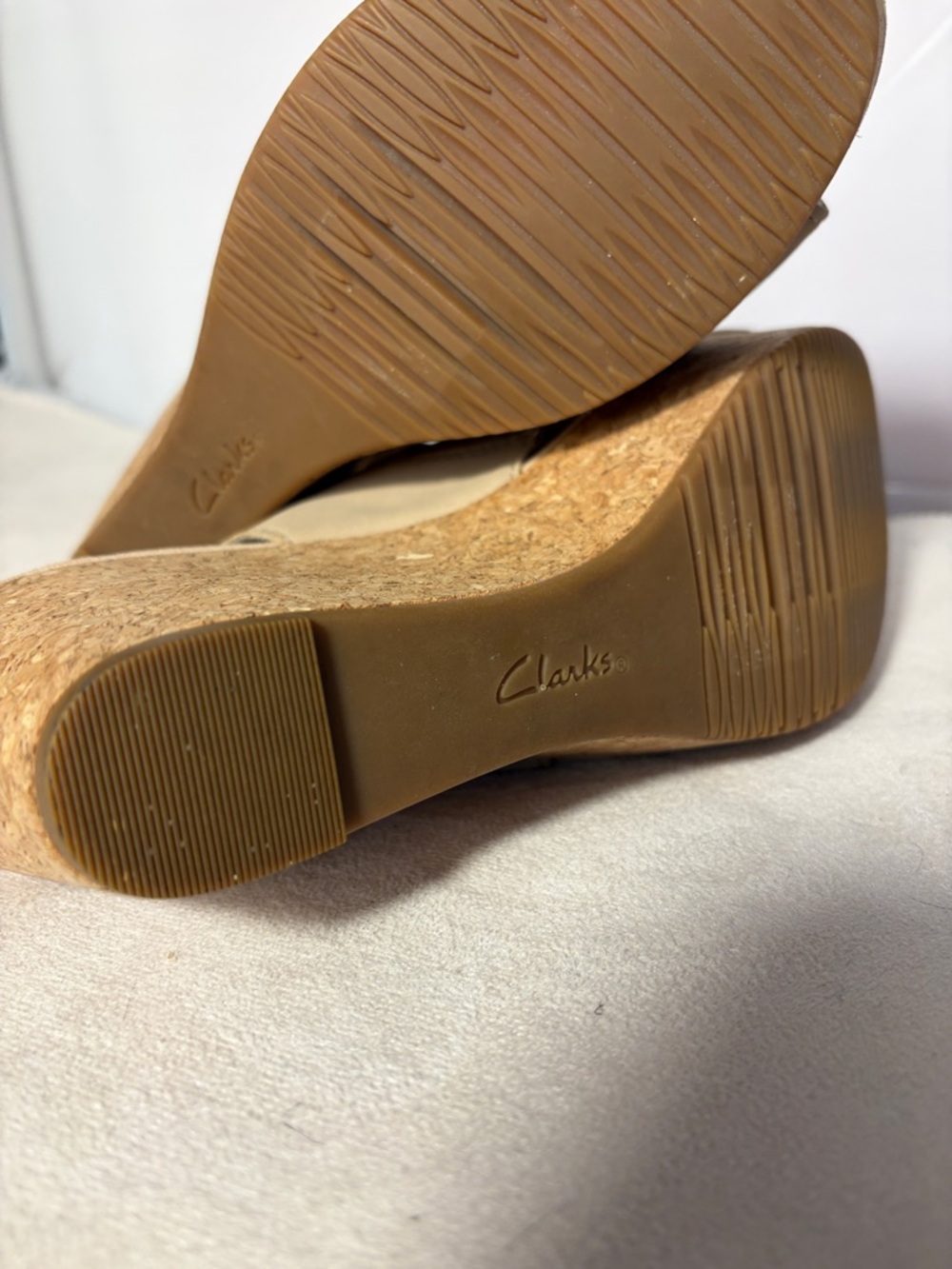 Clarks Taupe Leather Cork Slingback Wedges - Picture 7 of 12